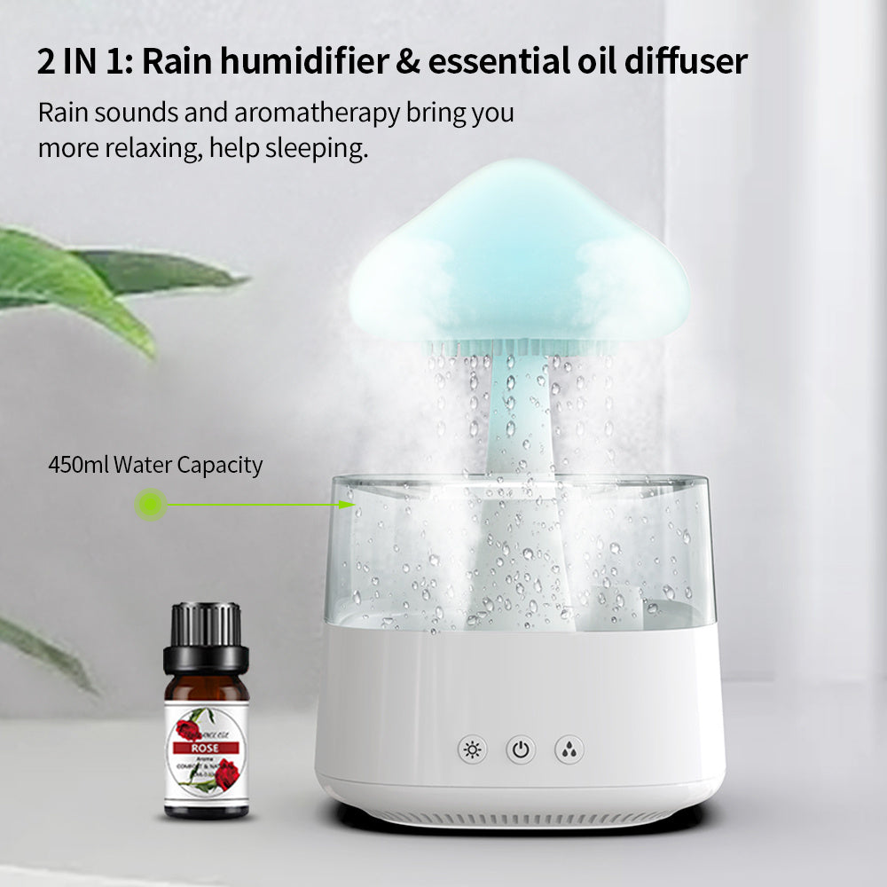 Humidificateur de bureau 2-en-1 Nuage de Pluie & Lampe Champignon et goutte active