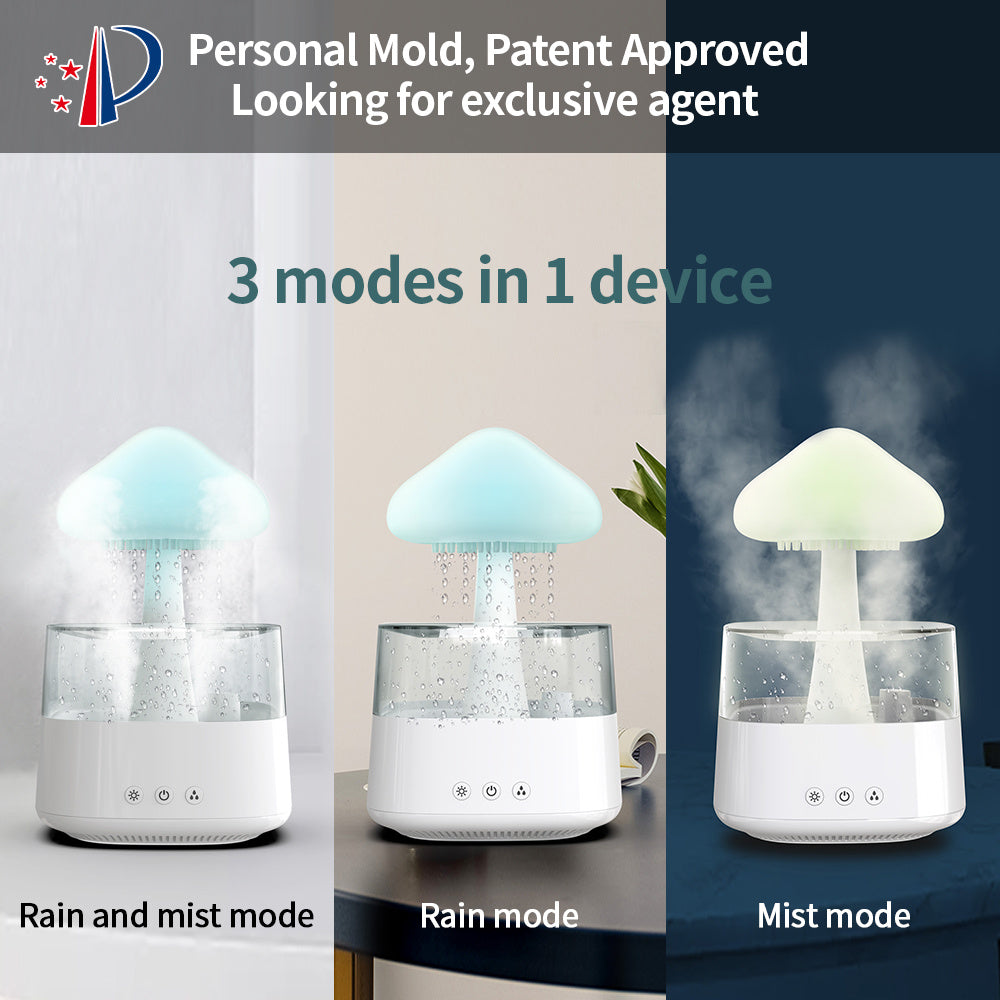 Humidificateur de bureau 2-en-1 Nuage de Pluie & Lampe Champignon et goutte active