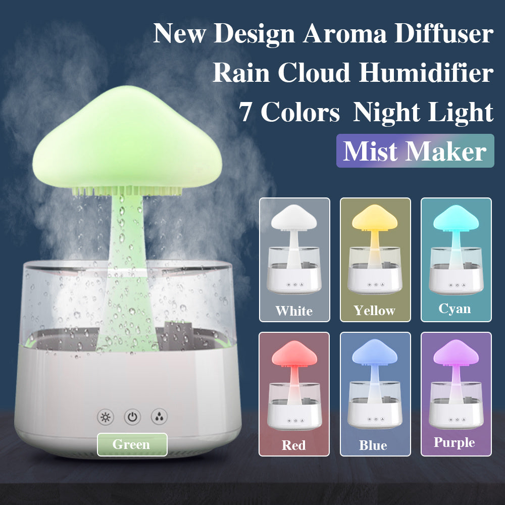 Humidificateur de bureau 2-en-1 Nuage de Pluie & Lampe Champignon et goutte active